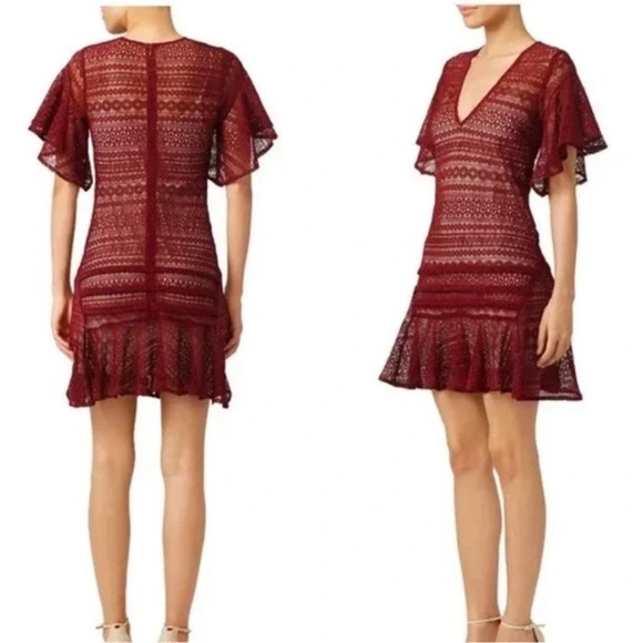 Marissa Webb Cybil Maroon Lace Dress - Flutter Sleeve Cocktail Dress S - Picture 1 of 10